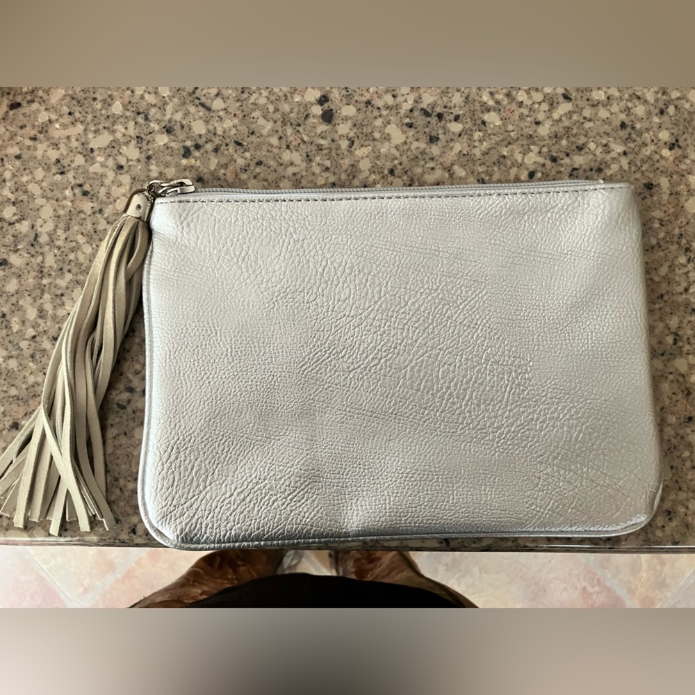 Chico's Metallic Silver Leather Wristlet Clutch with Tassel